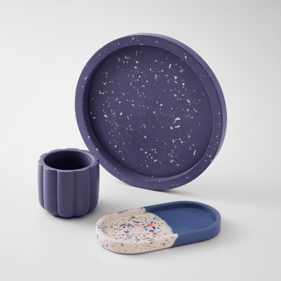 Mor Terrazzo Tasarım Hediye Seti 3'lü Yuvarlak Tepsi, Oval Tepsi ve Kalemlik Set