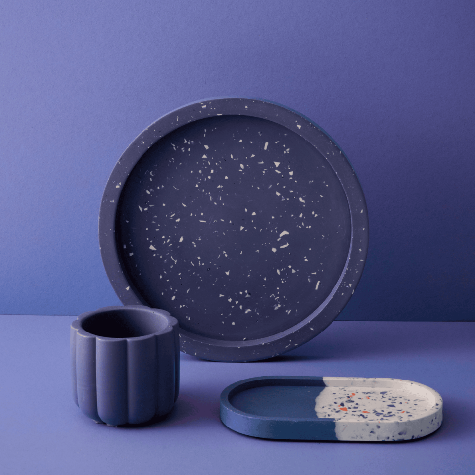 Mor Terrazzo Tasarım Hediye Seti 3'lü Yuvarlak Tepsi, Oval Tepsi ve Kalemlik Set